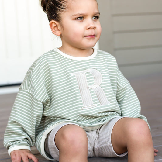 Oversized Sage Stripe Sweatshirt - Embroidered